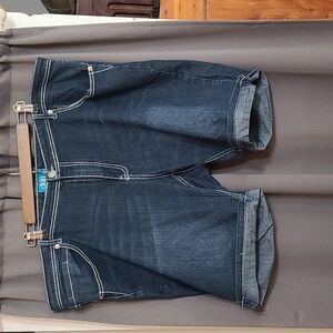 dkin Womens Denim Shorts Dark Wash Embroidered Embellished Pockets Stretch Sz 24